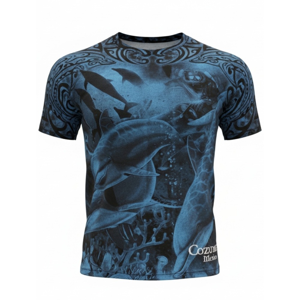 Dolphin Ocean All Over Print T Shirt Mens L Blue Cozumel Mexico Marine Graphic